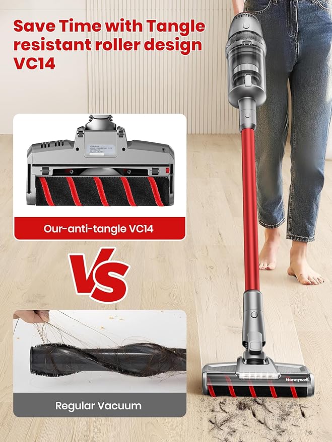 Honeywell Smart Cordless Vacuum Cleaner w/Automatic Adjustment, 10-in-1 Lightweight Stick with 3000mAh Battery 70Mins Runtime, Rechargeable Vacuum for Pet Hair/Carpet/All Floor, VC14, Graphite/Red