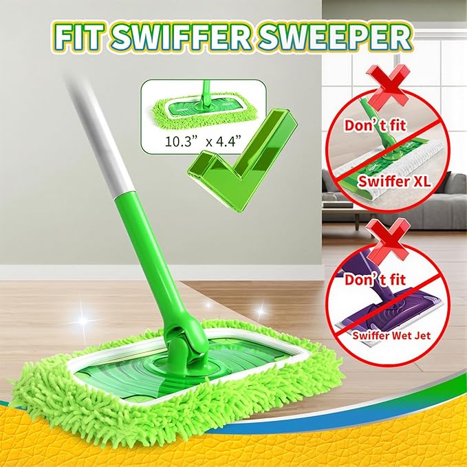 Chenille Mop Refill Pads for Home Use– Replacement Mop Heads for Floor Cleaning,Fits Most Standard Mops, for Hardwood Tile Laminate Floors (Fluorescent Green 6PCS)