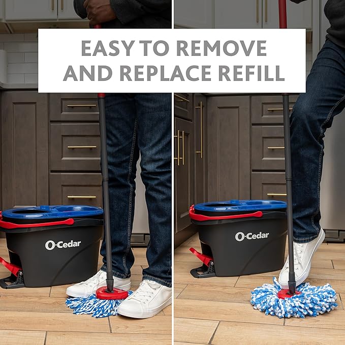 O-Cedar RinseClean Spin Mop & Bucket System + 2 Extra Mop Heads| Clean with Water | Removes 99% of Bacteria Plastic