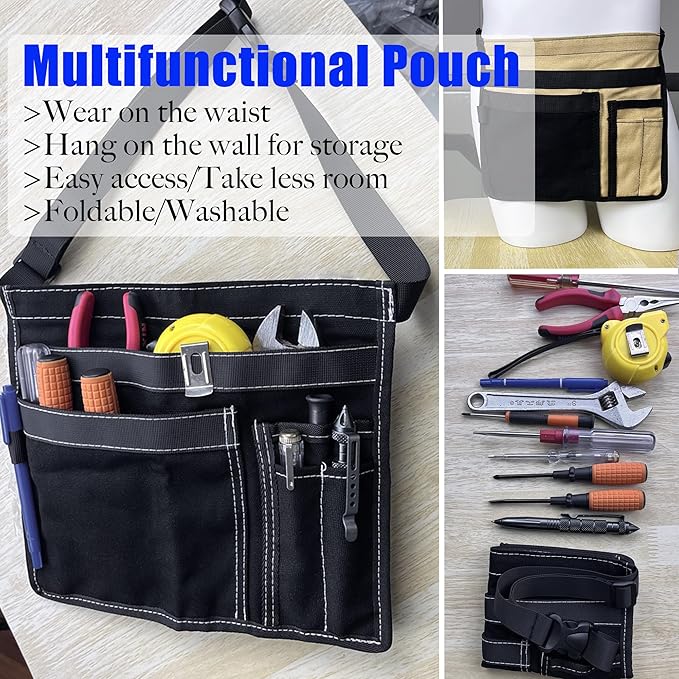 5-Pocket Utility Tool Belt Pouch for Men and Women, Adjustable Canvas Waist Belt Bag for Electrician Maintenance Gardening Carpentry, Durable Multi Work Apron for Tools & Accessories (Black)