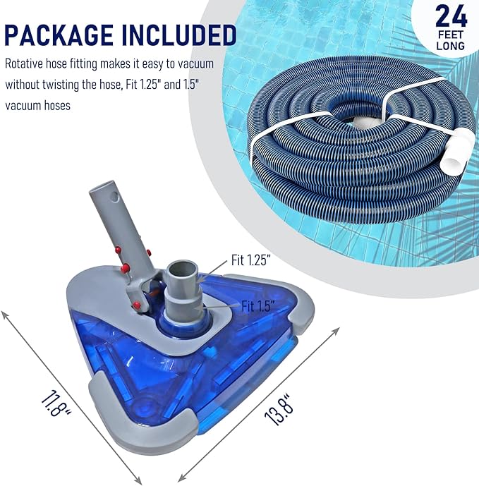 POOLWHALE Professional 1-1/2-Inch x 24-Feet Swimming Pool Vacuum Hoses with Swivel Cuff and Triangular Weighted Flex Vacuum Head, Perfect for Above Ground and Small Inground Pools