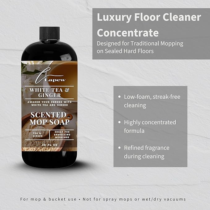 Luxury Floor Cleaner, Scented Mop Soap Concentrate | Hard Floor Cleaner for Tile, Vinyl, Laminate, LVP & Sealed Hardwood | Low-Foam, Streak-Free | 36 oz | White Tea & Ginger