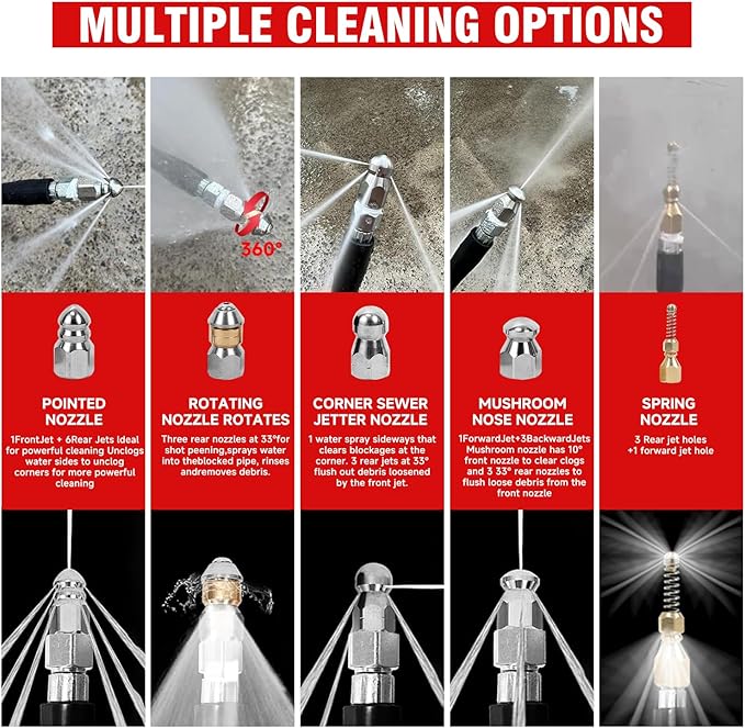 NIFUAL Sewer Jetter Kit for Pressure Washer,50FT 5800PSI Pressure Drain Cleaner 1/4 Inch NPT Corner Rotating and Button Hose Sewer Jetting Nozzle for Homeowners & DIYers (50FT)