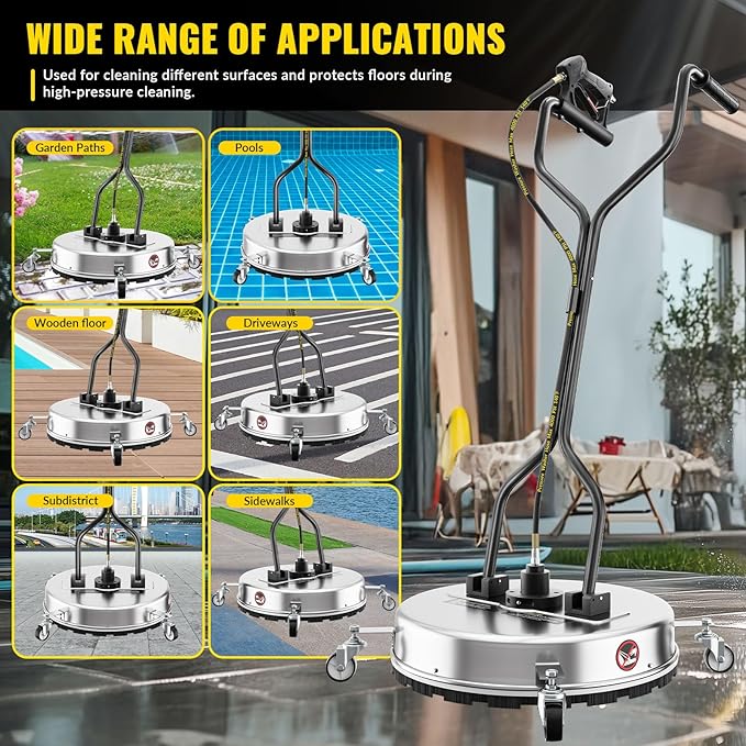 24''Pressure Washer Surface Cleaner,4500PSI Power Washer Surface Cleaner Attachment with Wheels,Dual Handle,Stainless Steel Housing, 3/8''Quick-Connect for Driveway Sidewalk Curb Deck Patio Cleaning