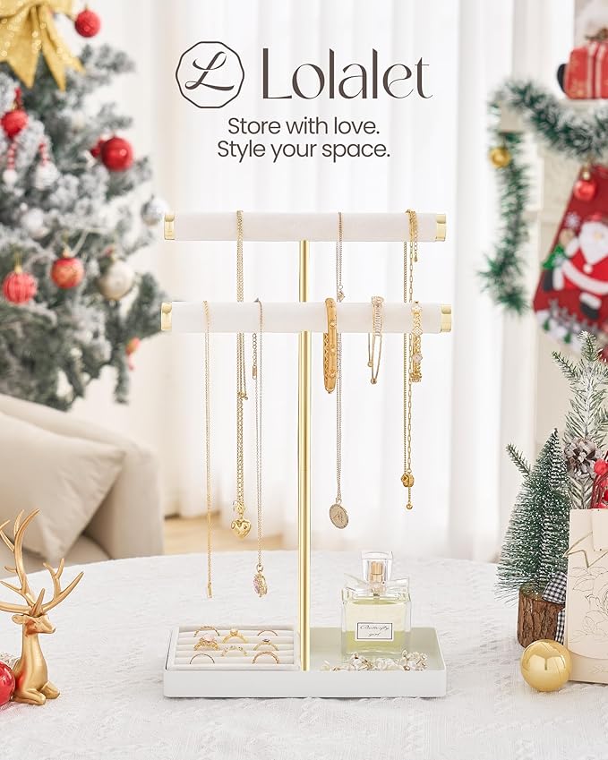 Lolalet 2-Tier Necklace Holder Display, Velvet Wrapped Bracelet Stand with Removable Ring Tray, Tall Jewelry Organizer for Bangles Watches Earrings, Galentines Valentines Gifts for Girls Women -White