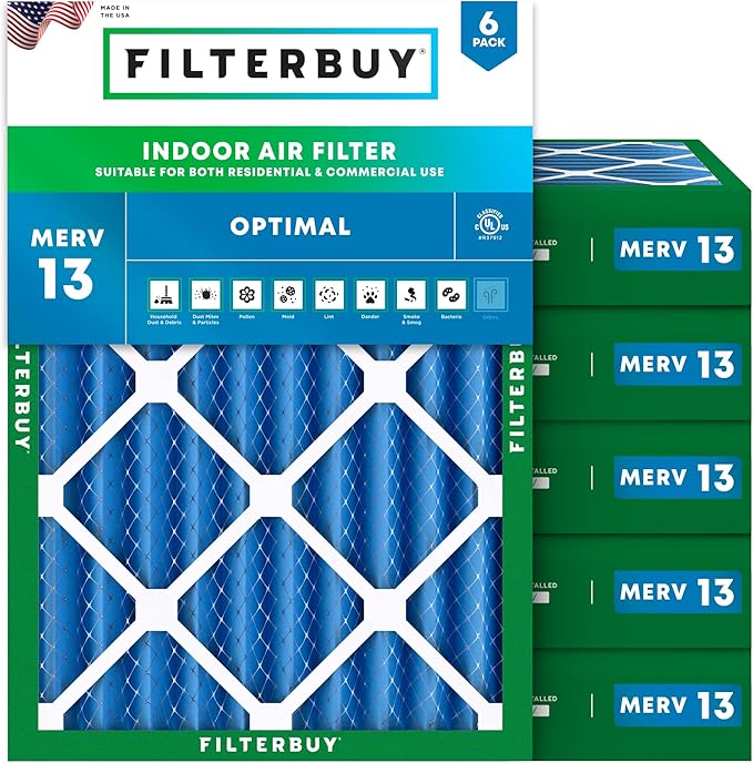 Filterbuy 18x20x4 Air Filter MERV 13 Optimal Smoke & Allergy Defense (6-Pack), Electrostatic Pleated HVAC AC Furnace Filters Replacement, Made in USA (Actual Size: 17.50 x 19.50 x 3.63)