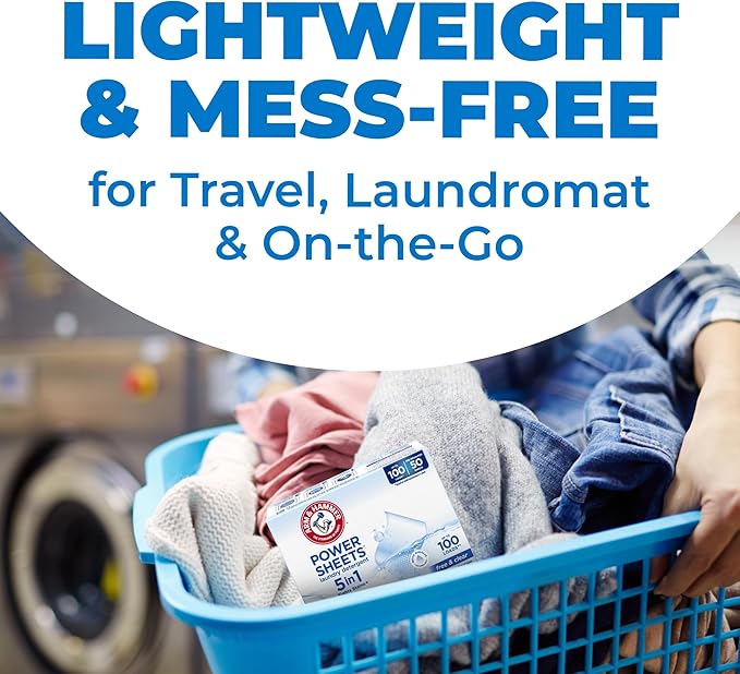 ARM & HAMMER 5in1 Power Sheets Laundry Detergent, Free & Clear, 50 Count, up to 100 Small Loads