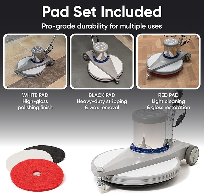 20" High-Speed Commercial Floor Burnisher, 1.5 HP, 1500 RPM, 40ft Cord, Rubber Bumper Guard, with Red, White & Black Pads for Cleaning, Polishing & Stripping