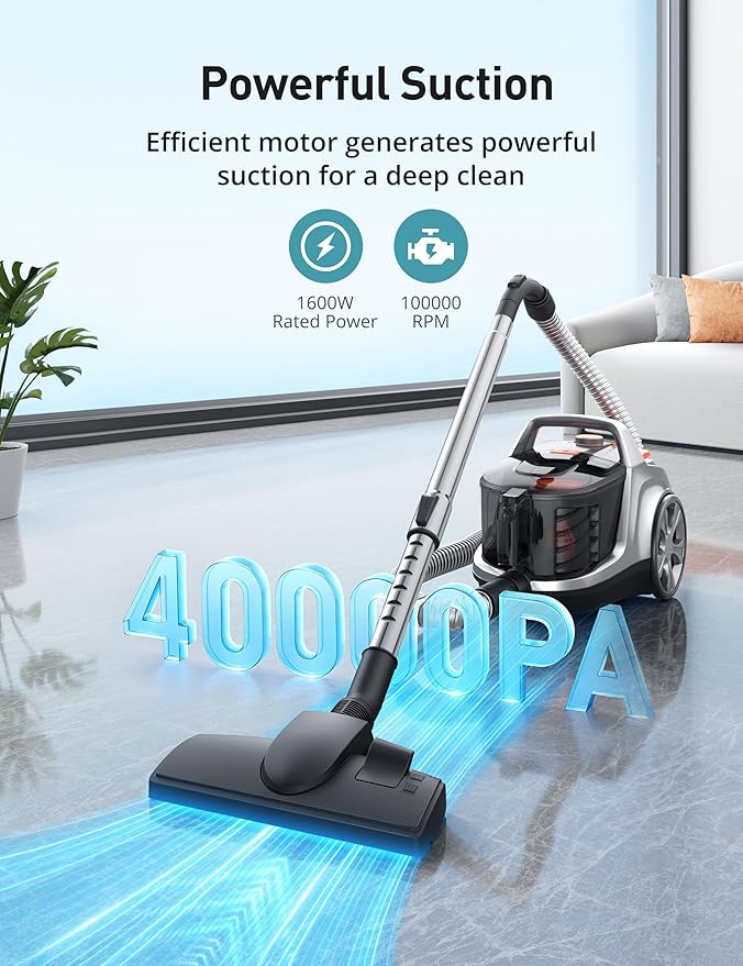 Aspiron Canister Vacuum, Upgraded 1600W Bagless Canister Vacuum Cleaner, Auto Cord Rewind, H13 HEPA Filter, 4Qt Large Capacity, 5 Tools for Hard Floors, Carpet, Pet, Upholstery, Tiles, Coral