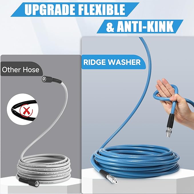 RIDGE WASHER Sewer Jetter Kit for Pressure Washer 100FT, 3600 PSI Drain Cleaning Hose with Short Pressure Washer Gun, 1/4 Inch NPT Corner, Rotating and Button Nose Sewer Jetting Nozzle