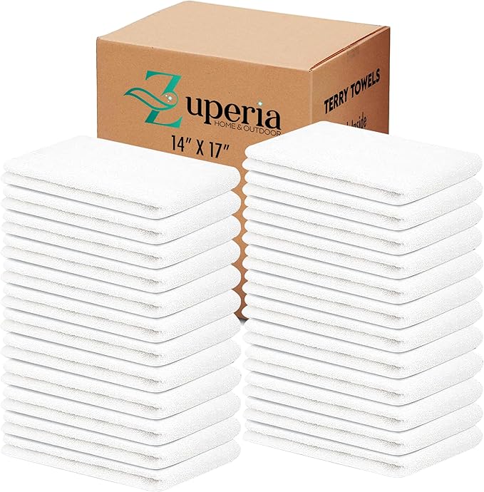 ZUPERIA Terry Towels Pack of 60 (14" X 17" Inches) 100% Cotton Terry Barmop Towels - Absorbent & Durable Bar Rags, Multipurpose Cleaning Rags for Home, Automotive & Garage Cleaning Supplies (White)