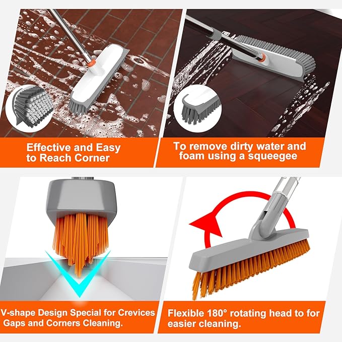 Heavy Duty Floor Scrub Brush and Grout Cleaner Tool with Long Handle Deck Brush with Stiff Bristles Outdoor Scrubber for Cleaning Deck Tile Kitchen Swimming Pool Bathroom(2 Pack Brush Head)