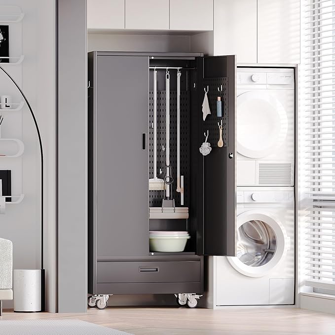 SUXXAN Broom Closet with Wheels 71"x 31.5"x15.75", Metal Cleaning Cabinets with Drawer Hooks and Hanging Rods, Lockable Cabinet with Pegboard, Adjustable Shelf,for Garage, Laundry Room