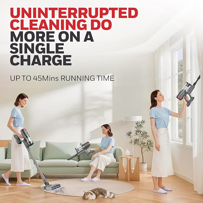 Honeywell Dual Mode Cordless Vacuum Cleaner, Brushless Stick Vacuum Cleaner for Carpet and Hard Floor w/Powerful Suction, Free‑Standing, Anti‑Tangle, 45Mins Runtime, Rechargeable for Home Pet Hair VC6
