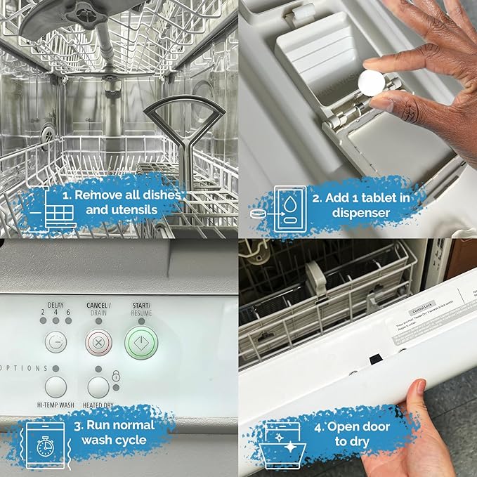 Dishwasher Cleaner & Deodorizer - Deep Cleaning, Eliminates Built-up Residues & Grime in Dishwashers, Odor Remover, Septic Safe, For All Makes & Models, 12 Pack Monthly Maintenance Solution