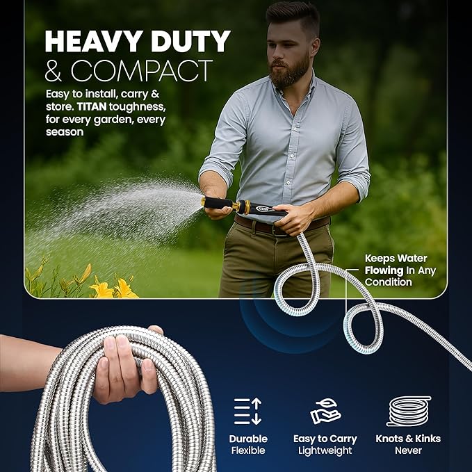 TITAN Garden Hose 30FT - 304 Stainless Steel Metal Water Hose, Flexible, Kink-Free, Lightweight, Durable, Crush Resistant Fittings, Easy to Coil, 500 PSI
