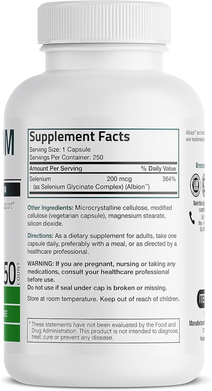 Bronson Selenium 200 mcg – Yeast Free Chelated Amino Acid Complex - Essential Trace Mineral with Superior Absorption, 250 Vegetarian Capsules