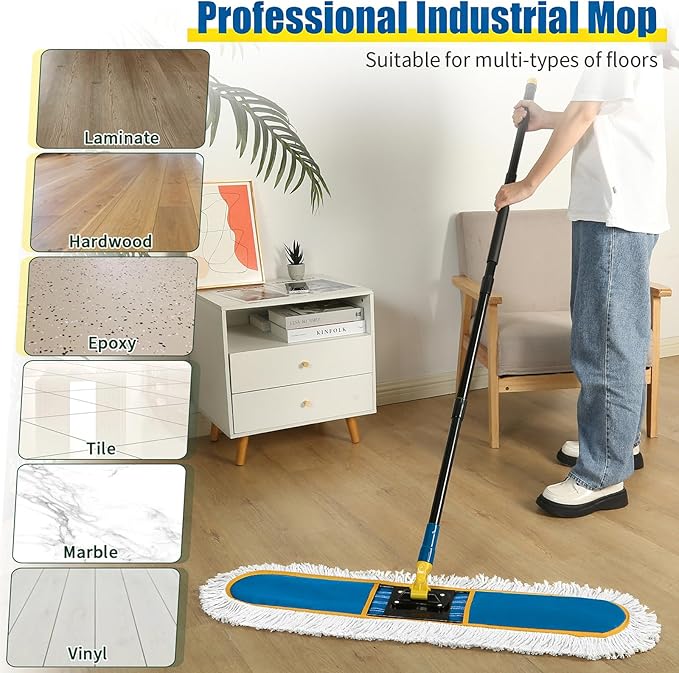 24" Commercial Dust Mop for Floor Cleaning, Heavy Duty Large Industrial Floor Duster with 2 Cotton Mops Pads, Wet Dry Mops for Hardwood Floors,Concrete,Marble,Laminate,Tile,Garage,Blue