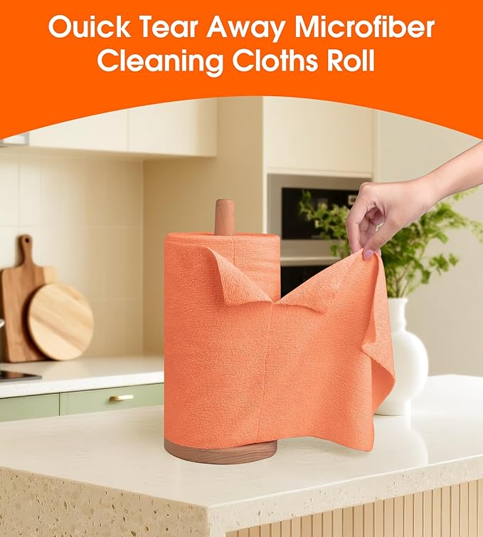 Microfiber Cleaning Cloth Roll–100 Pack, Tear Away Microfiber Towels, Reusable, Washable, Scratch-Free, Kitchen Towels for Car, Home, Kitchen, Glass, Dishes(Honey Orange)
