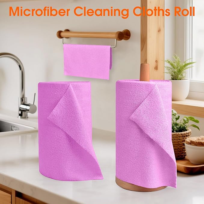 Microfiber Cleaning Cloth Roll - 100 Pack Tear Away Microfiber Paper Towels, Reusable, Washable, Scratch-Free, Kitchen Towels for Car, Home, Kitchen, Glass, Dishes (Light Purple)