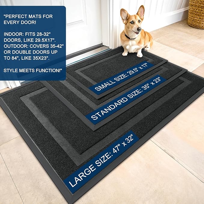 OLANLY Front Door Mat Indoor Outdoor Entrance, Waterproof All-Season, All-Weather Doormat, Sturdy Natural Rubber, Fade Resistant, Low Profile, Easy Clean Patio Porch Entryway Mat, 59x35, Black