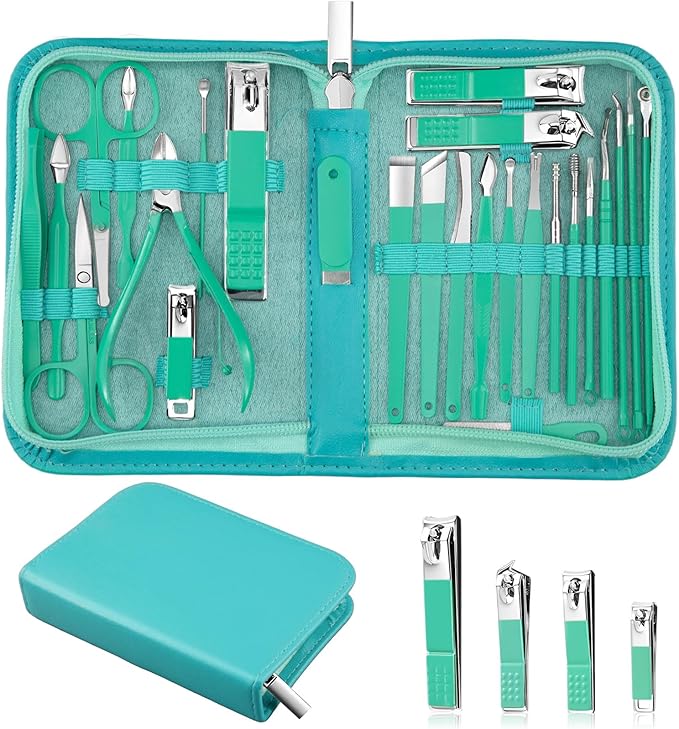 Travel Manicure Set 26-Piece, Portable Nail Clippers Kit with PU Case, Carbon Steel Clippers, 410 Stainless Steel Grooming Tools, Hand Foot Facial Care for Luggage Backpack