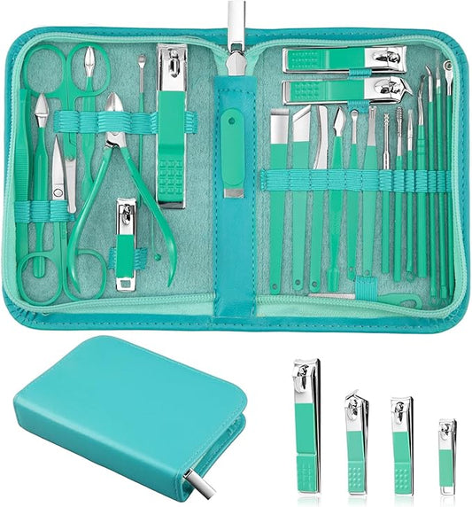 Travel Manicure Set 26-Piece, Portable Nail Clippers Kit with PU Case, Carbon Steel Clippers, 410 Stainless Steel Grooming Tools, Hand Foot Facial Care for Luggage Backpack