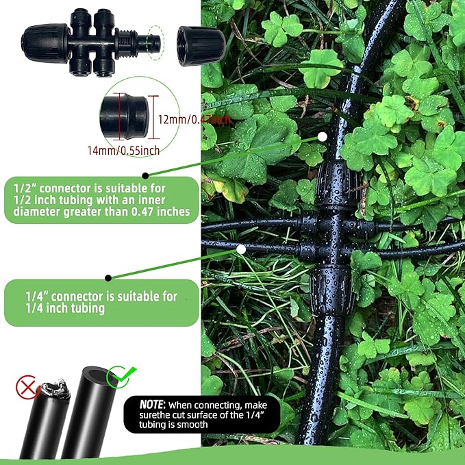 6 Pack 1/2'' to 1/4'' Drip Irrigation Fittings, Push-to-Fit 6 Way Drip Irrigation Part Barbed Tee Connectors, Anti-Leak Locked Splitter Fitting for 1/2" Irrigation Tubing (0.6''-0.67''OD)