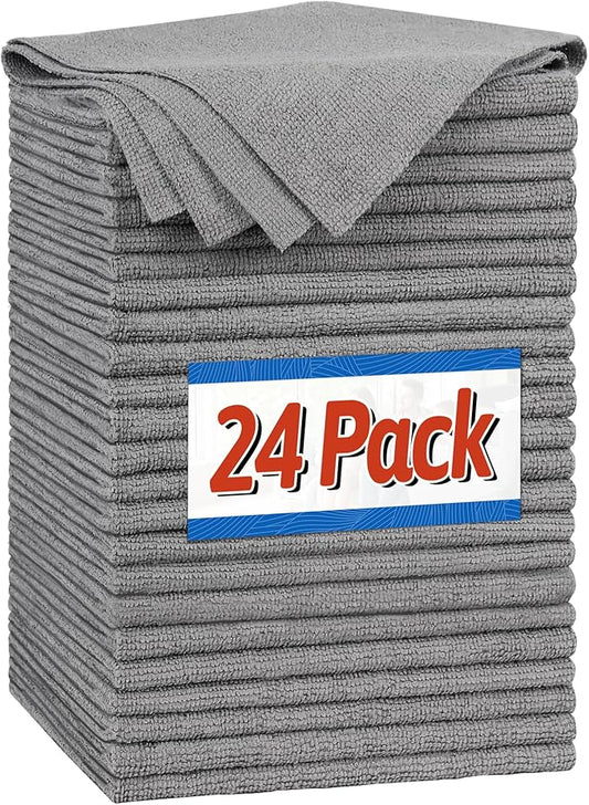 FIXSMITH Microfiber Cleaning Cloth, Shop Towels Bulk, 24 Pack Grey Microfiber Towels for Cars, All-Purpose Absorbent Cleaning Rags, Dust Cloth for Automotive, Mechanic, Garage, Bar, 12 x 11 inch