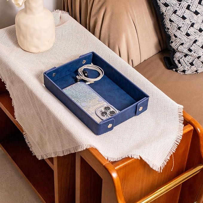 BONNY DODO Valet Tray for Men PU Leather Tray Organizer with Partition, Storage Keys, Watch & Practical Storage for Table Nightstand Living Room Bedroom (Blue)