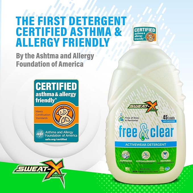 SWEAT X Free & Clear Laundry Detergent Liquid - Natural Non Toxic Laundry Detergent for Sensitive Skin - Gentle Washing Detergent for Activewear & Performance Fabrics - 45 Loads/Bottle, 4 Bottles