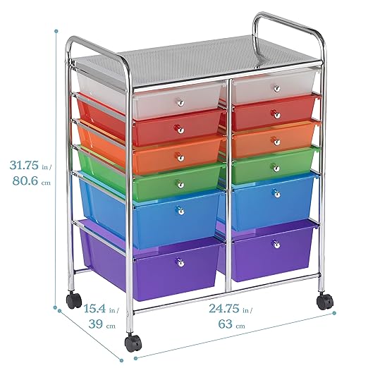 ECR4Kids 12-Drawer Everyday Mobile Organizer, Storage Cart, Assorted