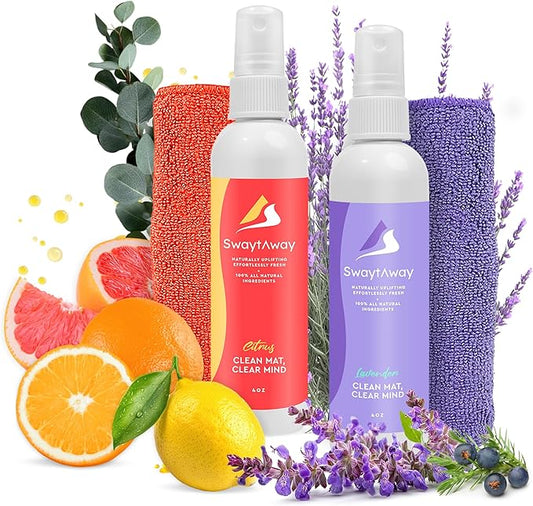SwaytAway Fitness Mat Mist 2-Pack – 4oz Travel Size Yoga Mat Spray with Towel (Lavender, Citrus) – Aromatherapy-Inspired Blends – Plant-Based, No Rinse, Refreshes & Deodorizes