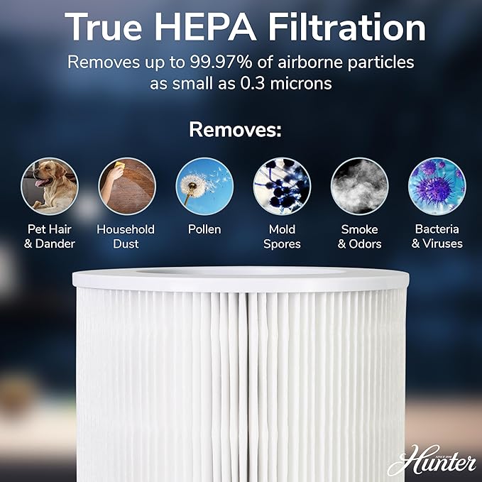 Hunter Fan Company HP670 Air Purifier for Allergies, Removes Dust, Smoke, Mold, and Pollen, Covers up to 195 Sq. Ft., Digital Tall Tower, Denim