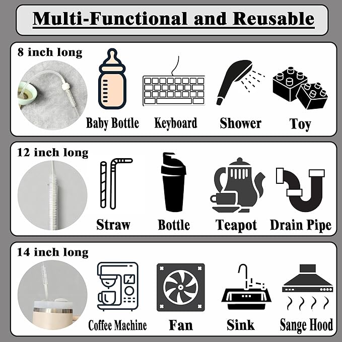 Straw Cleaner Brush Extra Long 14 inch for Stanley Cups 40,30,20oz, 8 inch Reusable Straw Cleaner for Baby Bottle, 12 inch Straw Brush Cleaner Kit, Pipe Cleaning Brush for Sippy Cup,Tumbler.