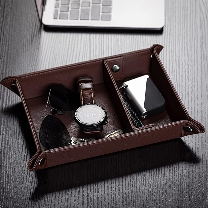 BONNY DODO Valet Tray for Men PU Leather Tray Organizer with Partition, Storage Keys, Watch & Practical Storage for Table Nightstand Living Room Bedroom (Dark Brown)