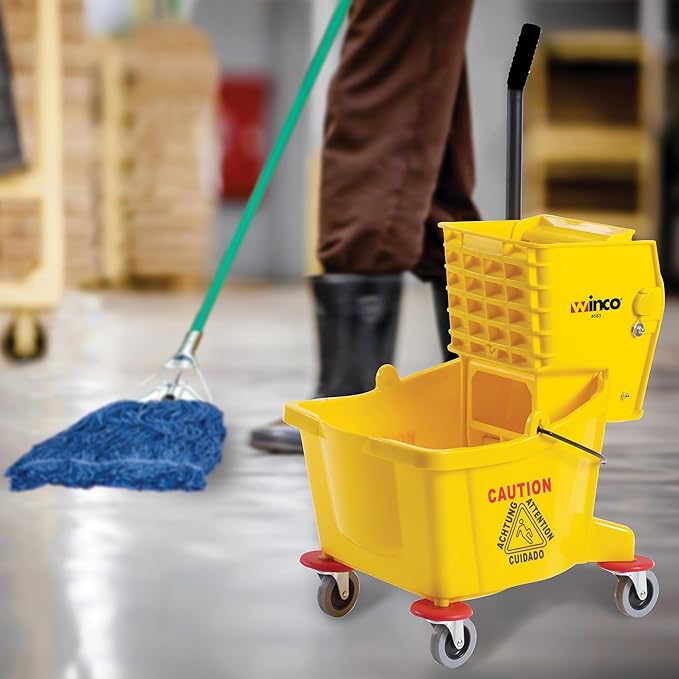Winco Commercial Mop Bucket on Wheels, 26 Quart, Yellow