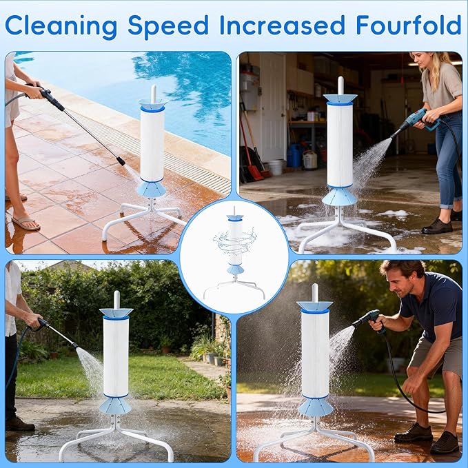 Pool Cartridge Filter Cleaning Stand Compatible with 3, 4, Or 6 Inch Swimming Pool Cartridges 360° Rotating Cleaning No Bending Required Say Goodbye to Manual Scrubbing Water Saving Design