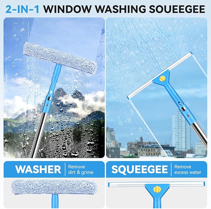 3m Window Cleaner Tool Kit with Long Handle, 35cm Window Washing Squeegee & 38cm Scrubber Cleaning Equipment for High Windows, Shower Glass, Car, RV (Blue)
