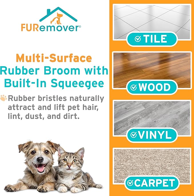 FURemover Original Plus Pet Hair Rubber Broom with Squeegee, with 61" Telescopic Handle for Carpet, Tile and Hardwood