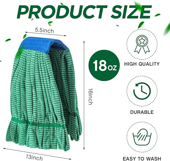 Hushee 6 Pack Large Microfiber Tube Mop Heads 18 oz Heavy Duty Commercial Industrial Wet Mop Head Refill Reusable Machine Washable Looped End Mopheads for Hardwood, Tile, Laminate Floors, Green