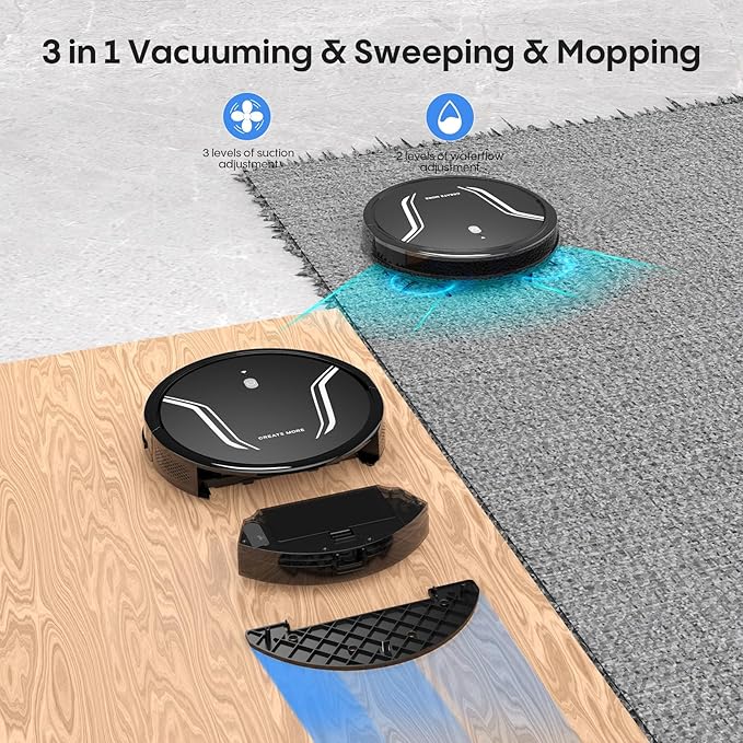Bagotte Robot Vacuum and Mop Combo, 3-in-1 Robotic Vacuum Cleaner, 5000Pa Strong Suction with Auto Recharging,Tangle Free, Timing Function, App/WiFi/Voice/Remote for Hard Floor and Pet Hair
