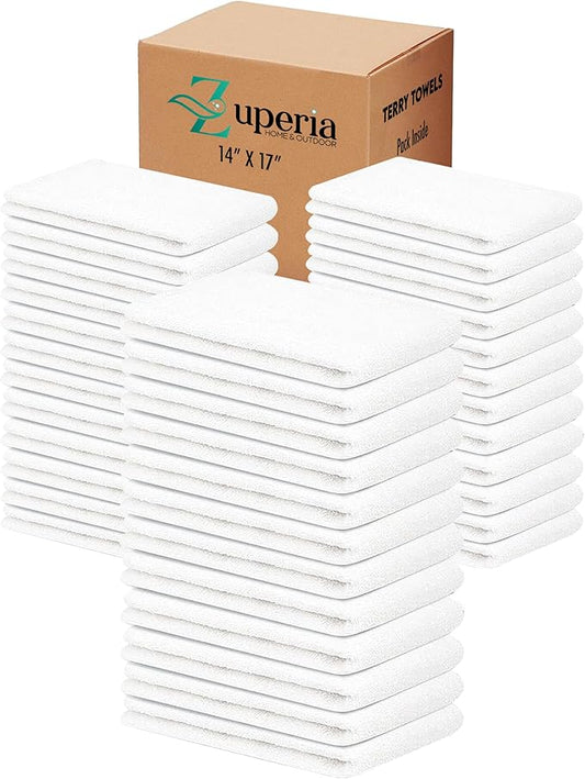 ZUPERIA Terry Towels Pack of 36 (14" X 17" Inches) 100% Cotton Terry Barmop Towels - Absorbent & Durable Bar Rags, Multipurpose Cleaning Rags for Home, Automotive & Garage Cleaning Supplies (White)
