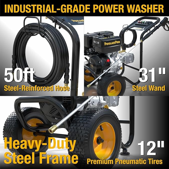 Poulan Pro Gas Pressure Washer, 4400 PSI & 4.2 GPM, 420cc Power High Pressure Washer with 50ft Hose and 12-inch Wheels, 31" Spray Lance, 5 Nozzles for Cars Driveways Patios Fences Daily Cleaning