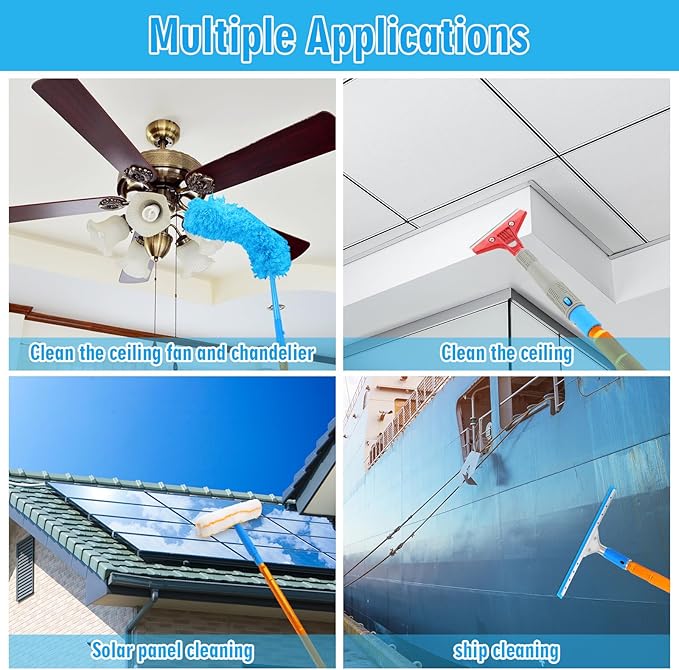 Leinuosen 6-30ft High Window Cleaning Kit with Titanium Alloy Extension Pole 2 in 1 Window Squeegee Scrubber Washable Dust Brush Tools for Indoor Outdoor High Windows Roof Ceilings Wall Car Glass