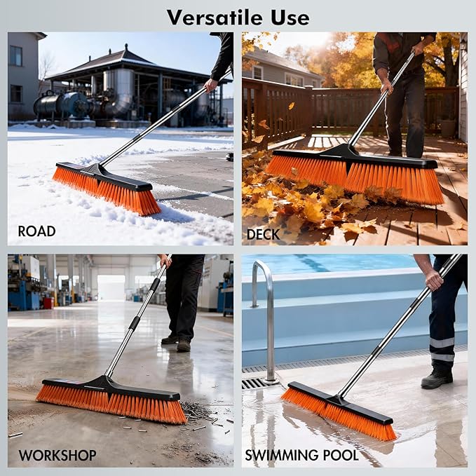 24" Push Broom, Heavy Duty Outdoor Commercial Broom for Cleaning with 55" Long Handle and Stiff Bristles, for Driveway Garage Yard Patio Warehouse Concrete Floor Cleaning,Orange