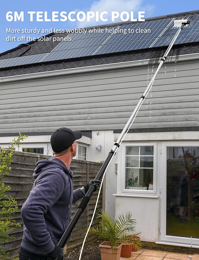 Electric Solar Panel Cleaning Kit, 20FT Solar Panel Cleaning Brush and Pole with Soap Dispenser, Telescopic Water Fed Pole, 100Mins Runtime, Solar Panel Cleaner Solution for Windows, Roof (Black)