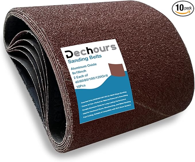 8" x 19" Sanding Belts Assorted Grits 40/60/80/100/120 Sandpaper – 10 Pack Aluminum Oxide for EZ-8 Drum Sander, Ideal for Commercial and Residential Floor Sanding