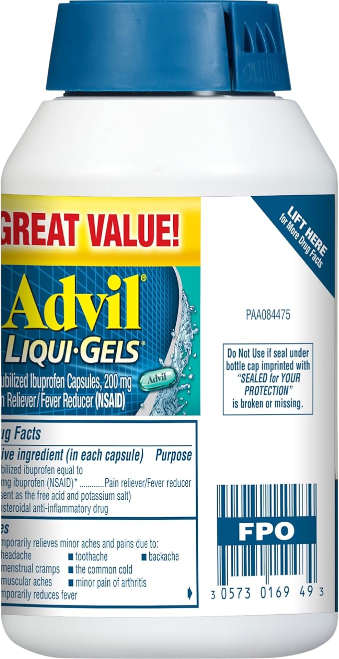 Advil Liqui-Gels Pain Reliever and Fever Reducer, Pain Medicine for Adults with Ibuprofen 200mg for Headache, Backache, Menstrual Pain and Joint Pain Relief - 200 Capsules, Advil PM Ibuprofen - 2 Ct