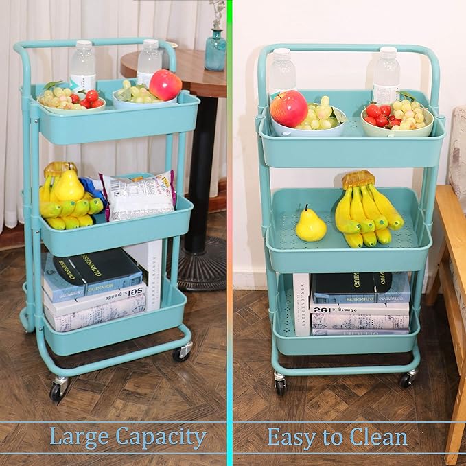 3 Tier Utility Rolling Cart Multifunction Organizer Shelf Storage Cart with 3 Piece Cups and 8 Piece Hooks for Home Kitchen Bathroom Laundry Room Office Store etc. (Blue)
